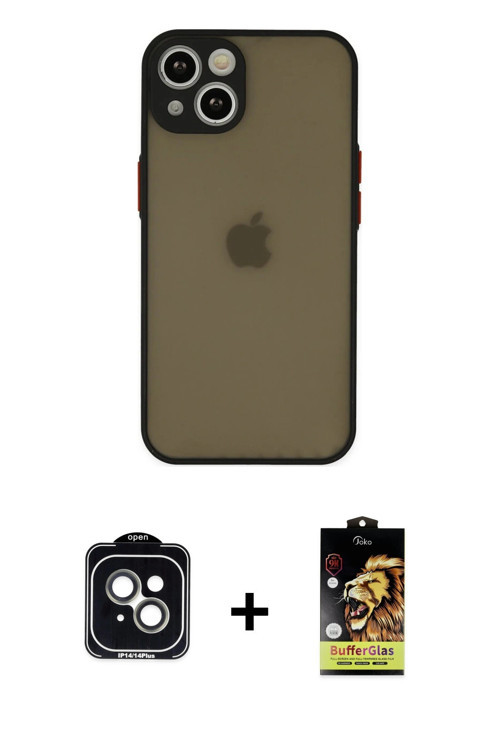 ieg™ iPhone 14 Kılıf Ahenk Çizgi Serisi - Siyah Buffer Cam Ekran Koruyucu + Yeşil PVD Metal Kamera L