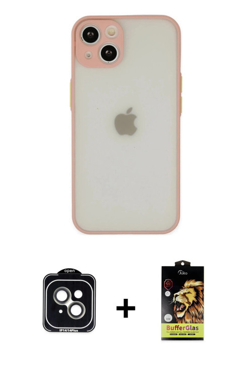 ieg™ iPhone 14 Kılıf Ahenk Çizgi Serisi - Siyah Buffer Cam Ekran Koruyucu + Yeşil PVD Metal Kamera L