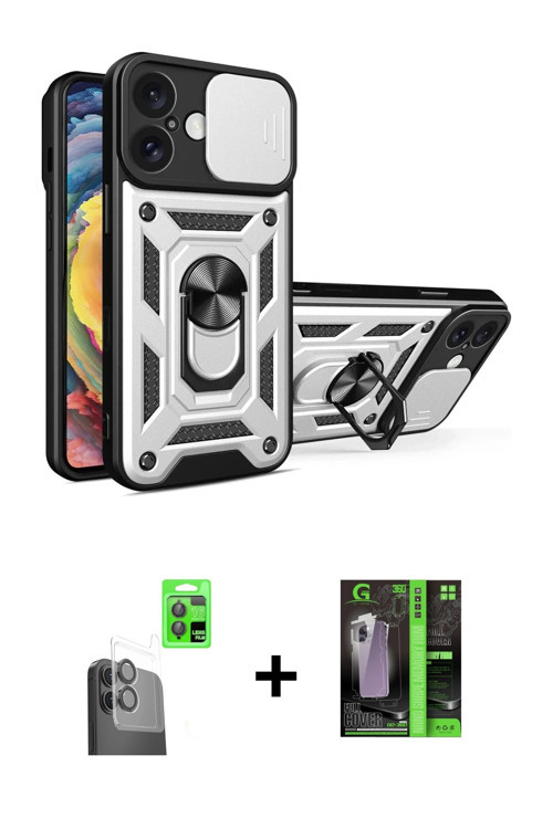 ieg™ iPhone 16 Kılıf Ahenk Klasik - Şeffaf 360 Full Body Arka Koruyucu + Siyah Raze Metal Kamera Len