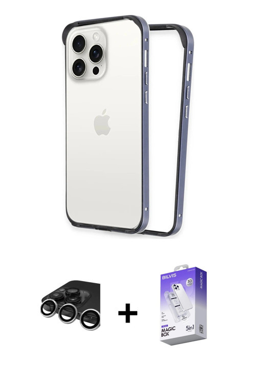 iPhone 15 Pro Max Kılıf Pusula Asil Koleksiyonu - Siyah Bilvis 5in1 3D Magic Cam Ekran Koruyucu
