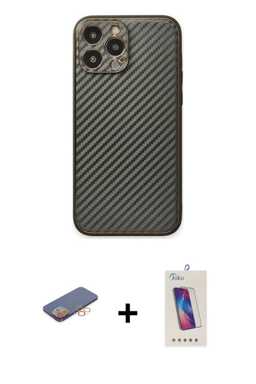 ieg™ iPhone 13 Pro Max Kılıf Ahenk Işık - Siyah Joko 5D Cam + Turuncu Renkli Kamera Lens Koruma Cam