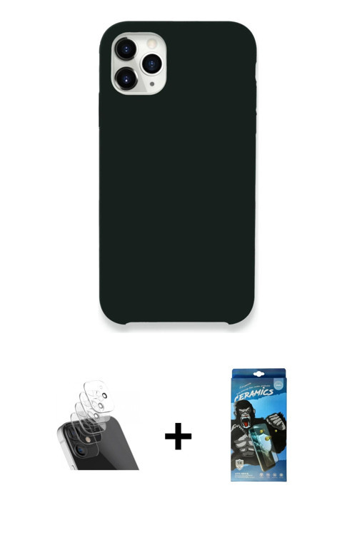 ieg™ iPhone 11 Pro Max Kılıf Zirve Modern Özel Seri - Siyah 34D Izgaralı Cam + Şeffaf Kamera Lens Ko