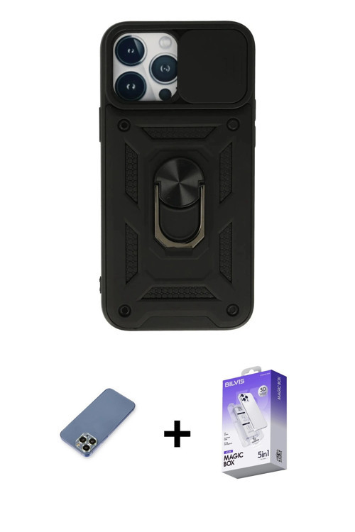 ieg™ iPhone 13 Pro Max Kılıf Ahenk Klasik - Siyah Bilvis 5in1 3D Magic Cam Ekran Koruyucu + Açık Yeş