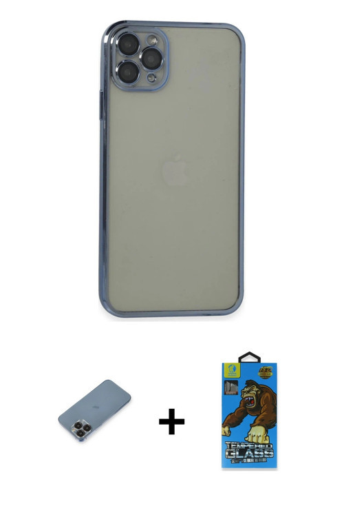 ieg™ iPhone 11 Pro Max Kılıf Vadi Minimal - Siyah 18D Cam Ekran Koruyucu + Siyah Metal Kamera Lens K