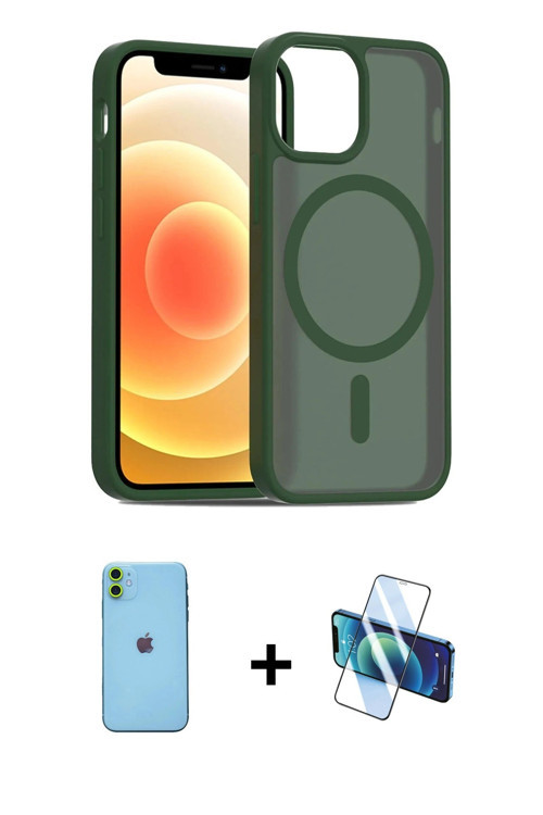 ieg™ iPhone 11 Kılıf Siluet Minimal Prime - Siyah 3D Antistatik Cam Ekran Koruyucu + Yeşil Neon Fosf