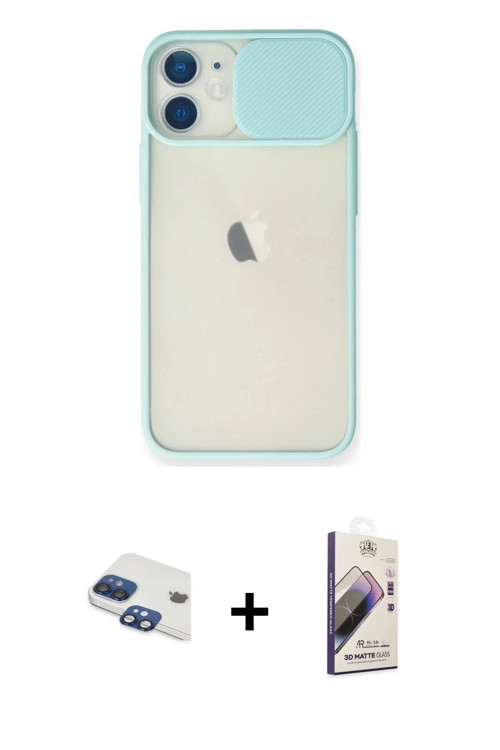 ieg™ iPhone 11 Kılıf Vadi Çizgi - Siyah Bilvis 3D Mat Cam Ekran Koruyucu + Lacivert Pers Alüminyum K