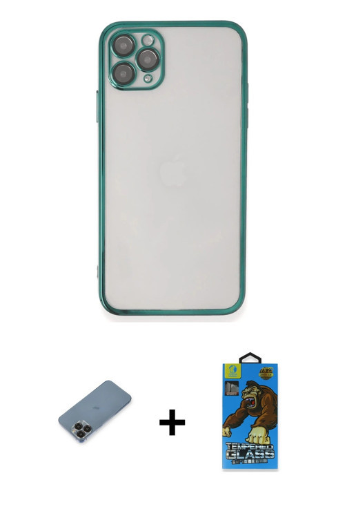 ieg™ iPhone 11 Pro Max Kılıf Vadi Minimal - Siyah 18D Cam Ekran Koruyucu + Siyah Metal Kamera Lens K
