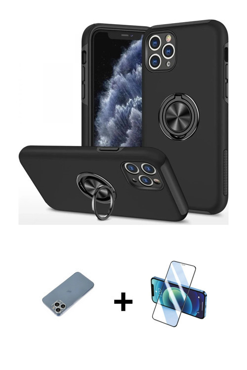 ieg™ iPhone 11 Pro Max Kılıf Odak Form Prime - Siyah 3D Antistatik Cam Ekran Koruyucu + Gümüş Shine