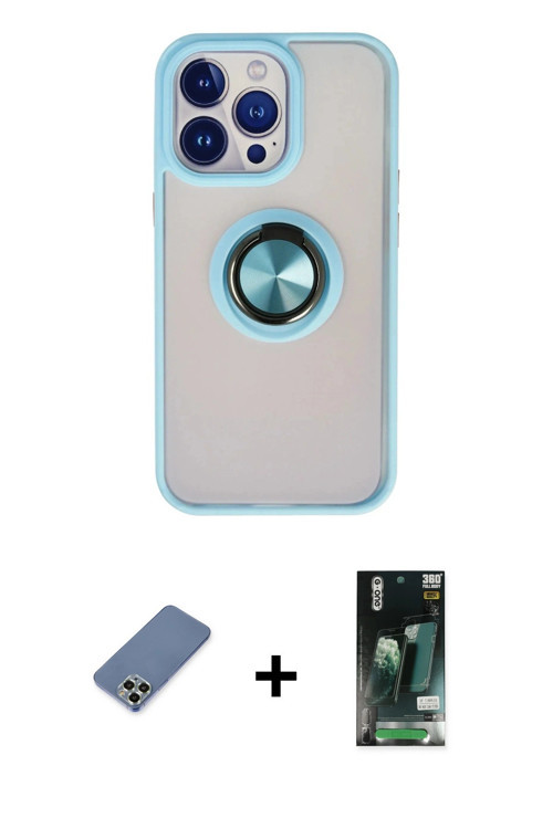 ieg™ iPhone 13 Pro Kılıf Yörünge Çizgi - Şeffaf 360 Full Body Arka Koruyucu + Açık Yeşil Metal Kamer
