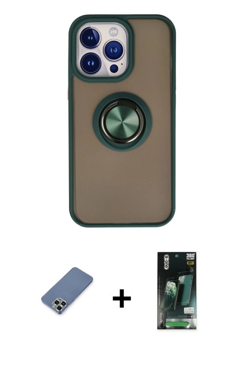 ieg™ iPhone 13 Pro Kılıf Yörünge Çizgi - Şeffaf 360 Full Body Arka Koruyucu + Açık Yeşil Metal Kamer