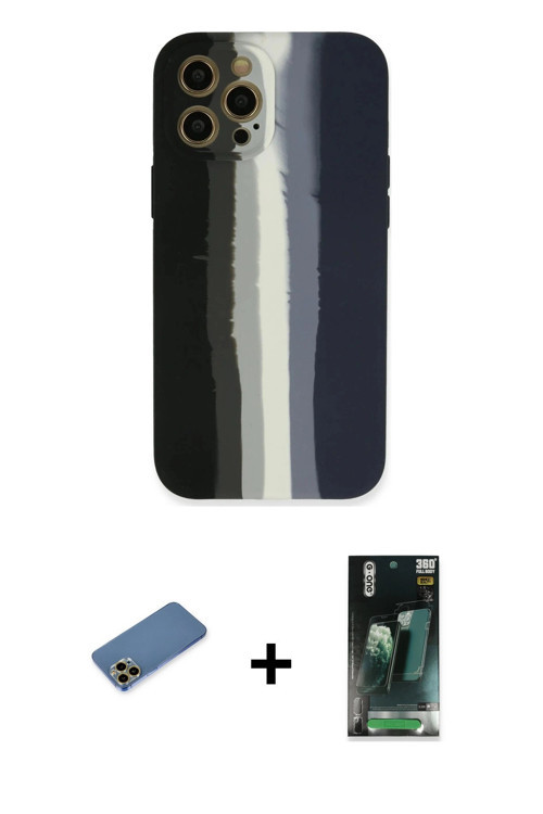 ieg™ iPhone 12 Pro Kılıf Yadigar Çizgi - Şeffaf 360 Full Body Arka Koruyucu + Gold Shine Kamera Lens