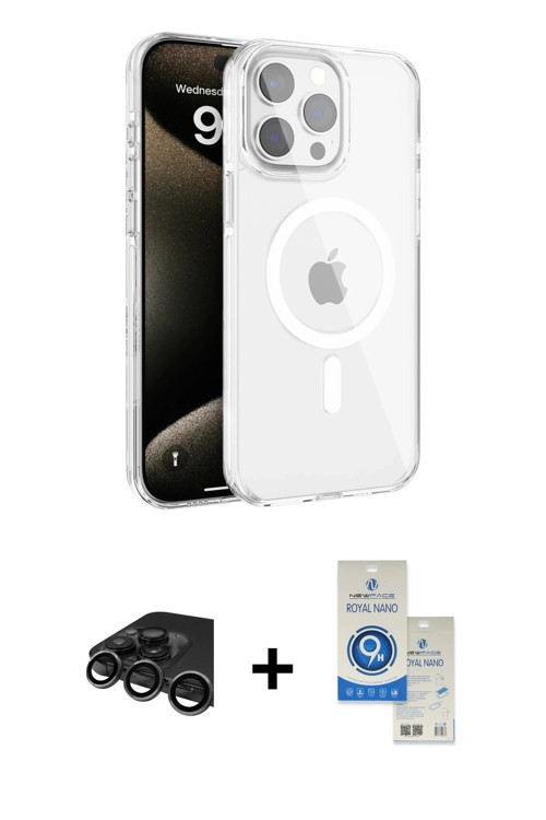 ieg™ iPhone 15 Pro Kılıf Doruk Doku Özel Seri - Şeffaf Royal Nano Ekran Koruyucu + Titanyum Gri Raze