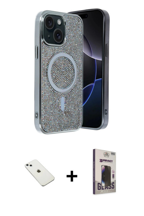 ieg™ iPhone 14 Kılıf Eksen Çizgi - Siyah Bilvis Hayalet Cam Ekran Koruyucu + Sierra Blue Diamond Kam