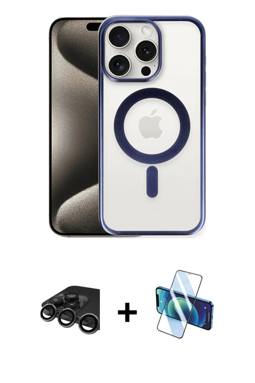 ieg™ iPhone 15 Pro Max Kılıf Siluet Çizgi Serisi - Siyah 3D Antistatik Cam Ekran Koruyucu + Titanyum