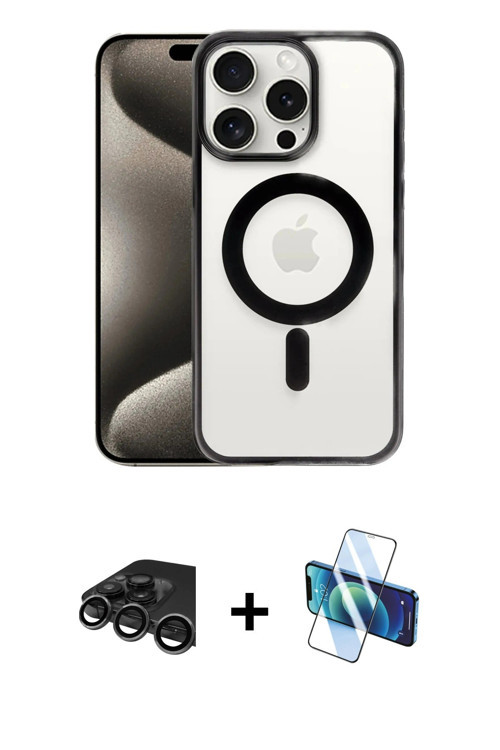 ieg™ iPhone 15 Pro Max Kılıf Siluet Çizgi Serisi - Siyah 3D Antistatik Cam Ekran Koruyucu + Titanyum