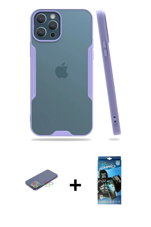ieg™ iPhone 12 Pro Max Kılıf Atlas Asil Serisi - Siyah 34D Izgaralı Cam + Mavi Renkli Kamera Lens Ko
