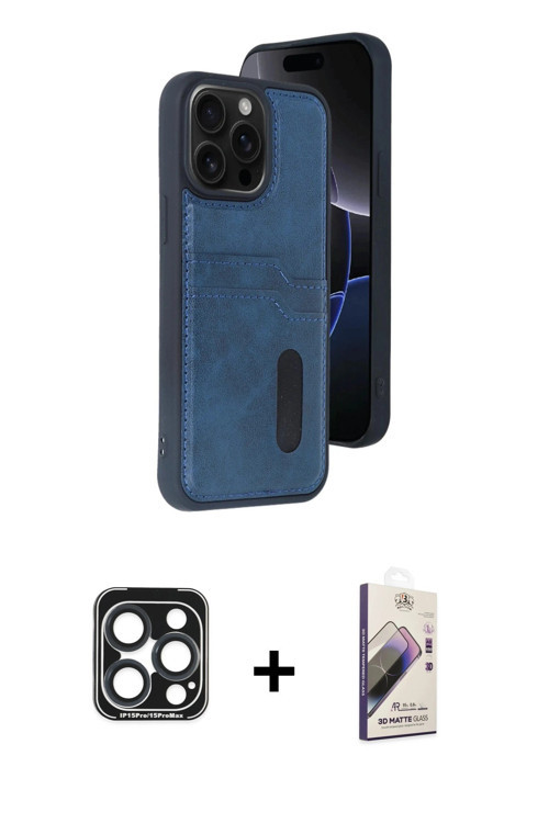 ieg™ iPhone 15 Pro Max Kılıf Yörünge Işık Serisi - Siyah Bilvis 3D Mat Cam Ekran Koruyucu + Lacivert