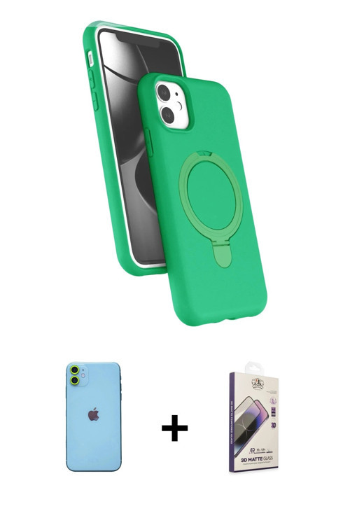ieg™ iPhone 11 Kılıf İz Işık Koleksiyonu - Siyah Bilvis 3D Mat Cam Ekran Koruyucu + Yeşil Neon Fosfo