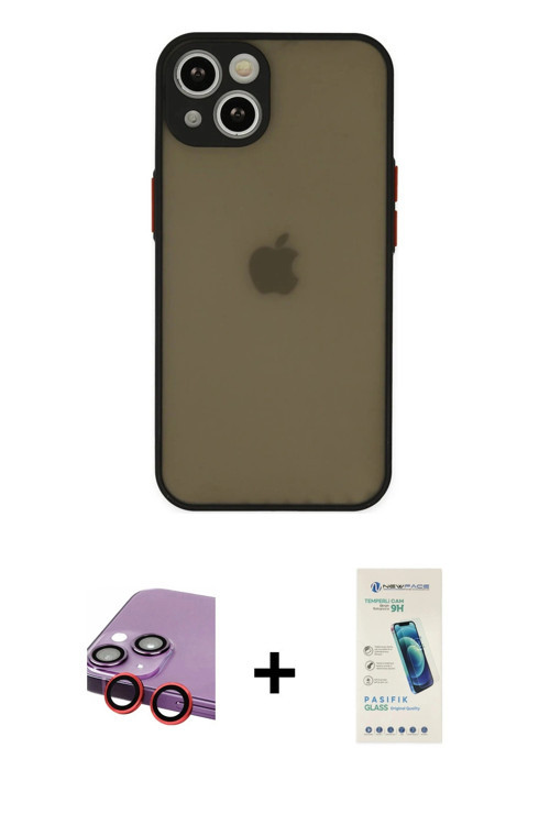 ieg™ iPhone 14 Kılıf Ahenk Çizgi Serisi - Şeffaf Pasifik Cam Ekran Koruyucu + Kırmızı Raze Metal Kam