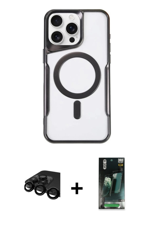 ieg™ iPhone 15 Pro Kılıf Yadigar Klasik Özel Seri - Şeffaf 360 Full Body Arka Koruyucu + Siyah Raze
