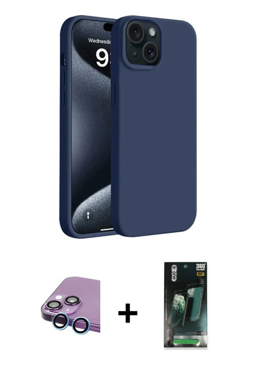 ieg™ iPhone 15 Kılıf Kozmos Yansıma Özel Seri - Şeffaf 360 Full Body Arka Koruyucu + Mavi Raze Metal