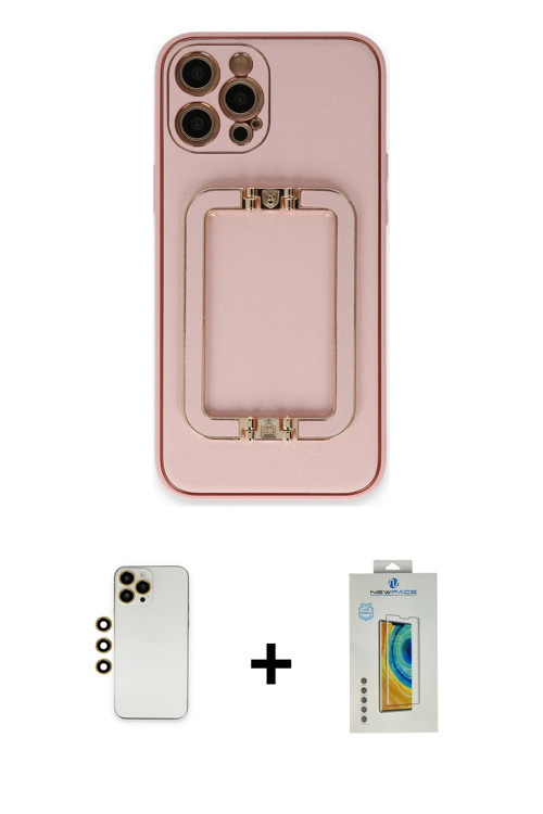 ieg™ iPhone 12 Pro Kılıf Kozmos Minimal Prime - Siyah Polymer Nano Ekran Koruyucu + Gold Shine Kamer
