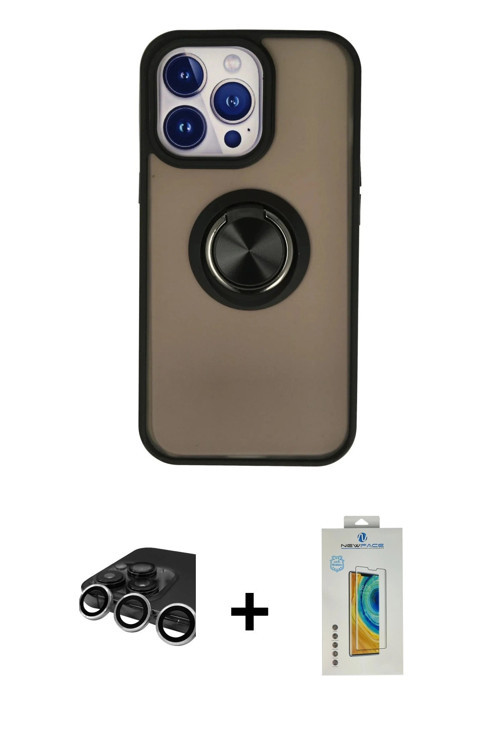 ieg™ iPhone 15 Pro Max Kılıf Yörünge Çizgi - Siyah Polymer Nano Ekran Koruyucu + Gümüş Raze Metal Ka