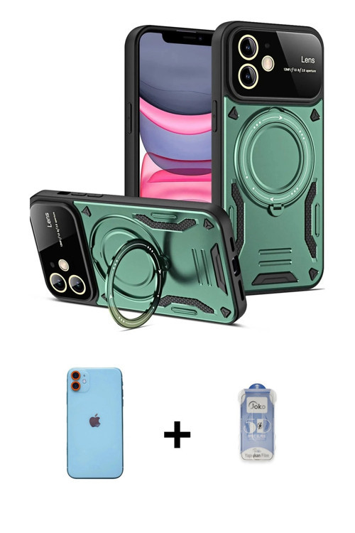 ieg™ iPhone 11 Kılıf Kıvılcım Modern Serisi - Siyah Joko Magic 5D Cam + Turuncu Neon Fosforlu Kamera