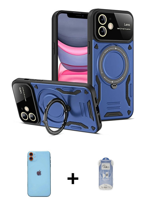ieg™ iPhone 11 Kılıf Kıvılcım Modern Serisi - Siyah Joko Magic 5D Cam + Turuncu Neon Fosforlu Kamera