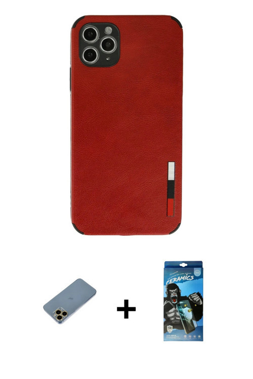 ieg™ iPhone 11 Pro Kılıf Doruk Asil Koleksiyonu - Siyah 34D Izgaralı Cam + Gold Shine Kamera Lens Ko