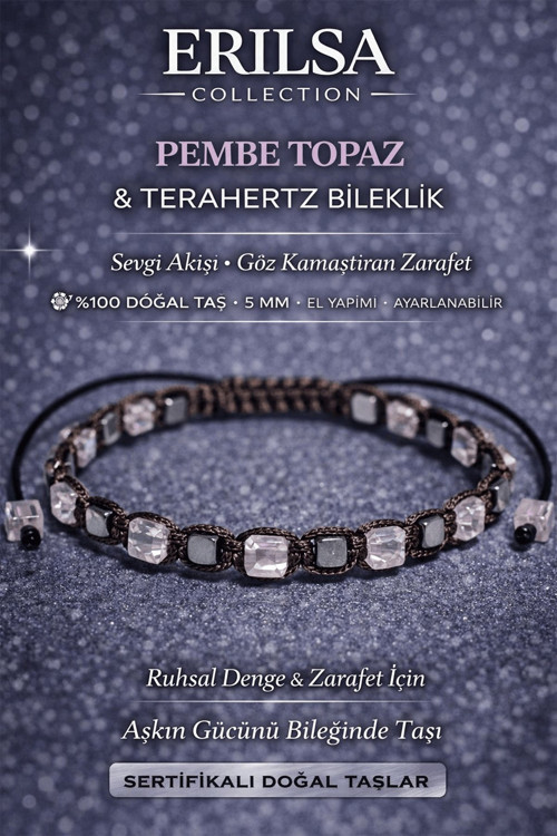 Sertifikalı Pembe Topaz Bileklik - 5 mm Küp Kesim Terahertz Doğal Taş Minimal Ayarlanabilir