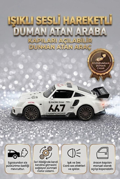 3 Buton Fonksiyonlu Işıklı Müzikli Sesli Sürtmeli Duman Atan Kapıları Açılan Porsche Oyuncak Araba BEYAZ