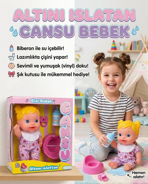 Cansu Bebek: Altını Islatan Renkli Saçlı 4 Parçalı Biberonlu Emzikli Lazımlıklı Oyuncak Bebek Seti SARI