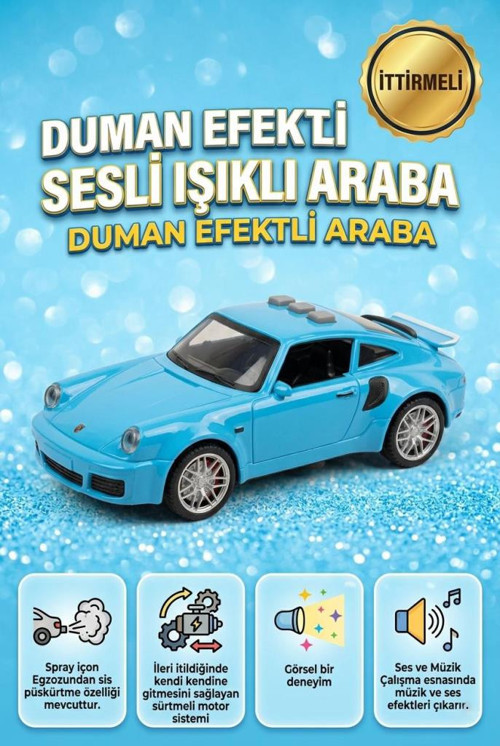 Duman Atan 3 Buton Fonksiyonlu Sesli Işıklı Müzikli Sürtmeli Kapıları Açılan Porsche Oyuncak Araba MAVİ