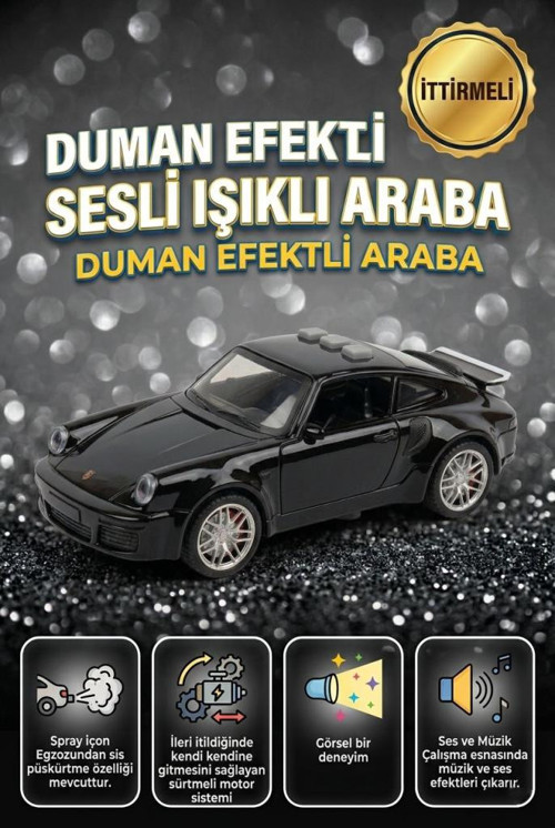 Duman Atan 3 Buton Fonksiyonlu Sesli Işıklı Müzikli Sürtmeli Kapıları Açılan Porsche Oyuncak Araba SİYAH