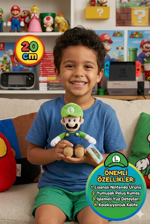 Nintendo Super Mario Luigi Peluş Oyuncak 20 cm Lisanslı Yumuşak Koleksiyon Figür Bebek Yeşil