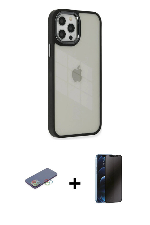 ieg™ iPhone 12 Pro Max Kılıf Eksen Doku Prime - Siyah 3D Antistatik Hayalet Cam Ekran Koruyucu + Mav