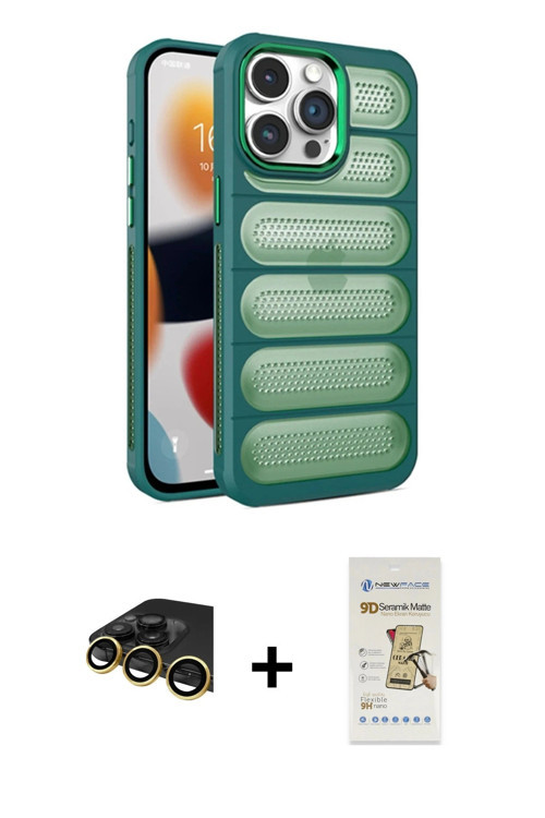 ieg™ iPhone 14 Pro Max Kılıf Yadigar Doku Özel Seri - Siyah Mat Seramik Nano Ekran Koruyucu + Gold R