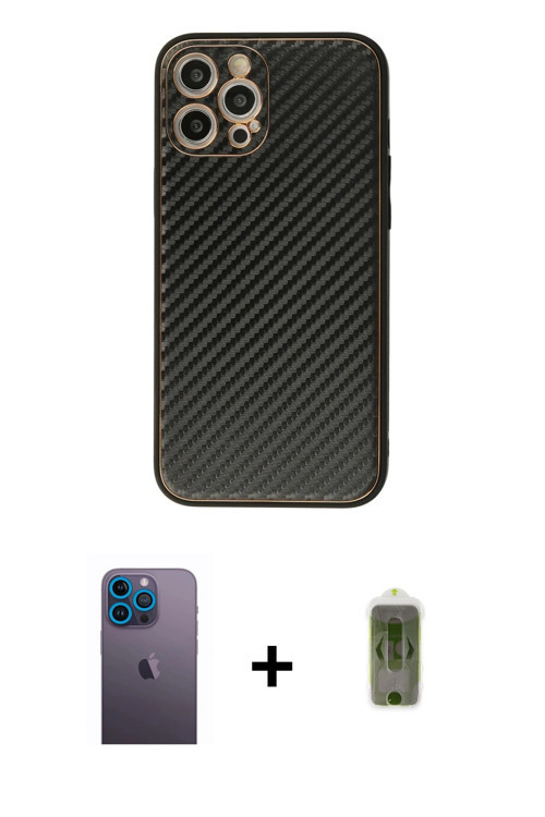 ieg™ iPhone 12 Pro Max Kılıf Ahenk Işık - Siyah Joko Magic 5D Hayalet Cam + Mavi Neon Fosforlu Kamer
