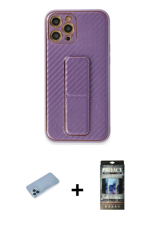 ieg™ iPhone 12 Pro Kılıf Yörünge Yansıma - Siyah 34D Hayalet Izgaralı Cam + Mavi Shine Kamera Lens K