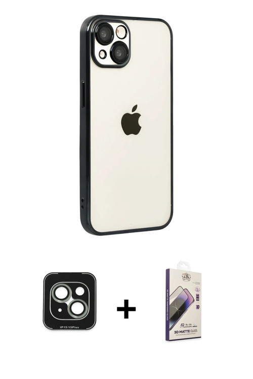 ieg™ iPhone 15 Kılıf Vadi Minimal - Siyah Bilvis 3D Mat Cam Ekran Koruyucu + Yeşil PVD Metal Kamera