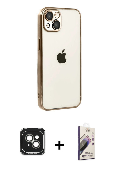 ieg™ iPhone 15 Kılıf Vadi Minimal - Siyah Bilvis 3D Mat Cam Ekran Koruyucu + Yeşil PVD Metal Kamera
