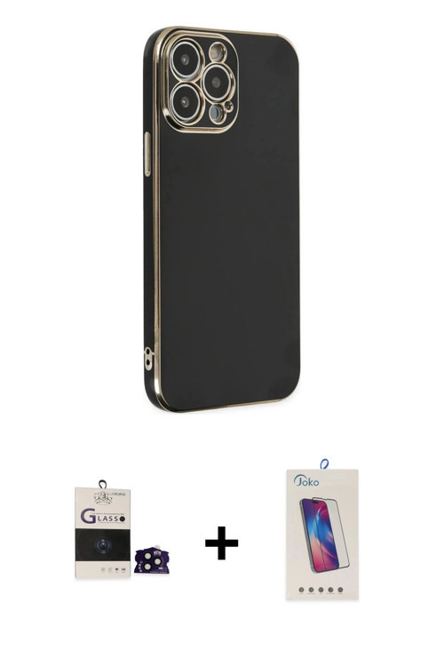 ieg™ iPhone 14 Pro Max Kılıf Yankı Serisi - Siyah Joko 5D Cam + Siyah Bilvis Titan Kamera Lens