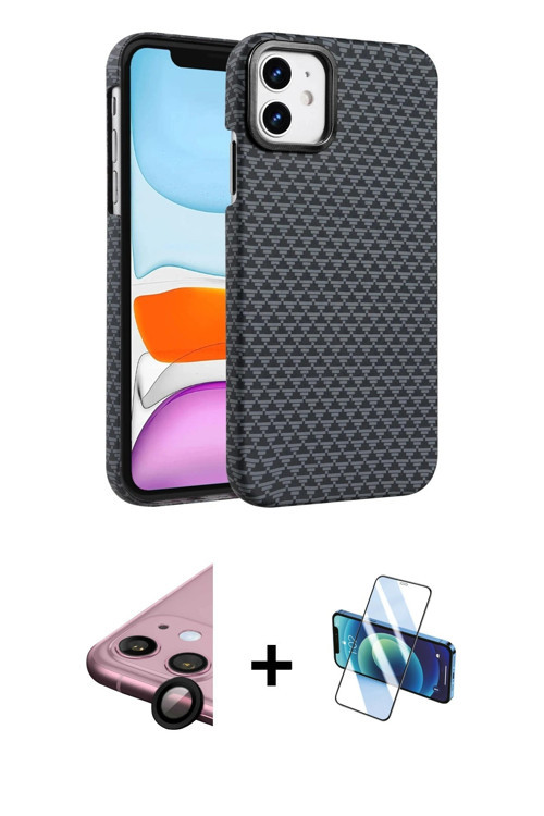 ieg™ iPhone 11 Kılıf Doruk Serisi - Siyah 3D Antistatik Cam Ekran Koruyucu + Siyah Raze Metal Kamera