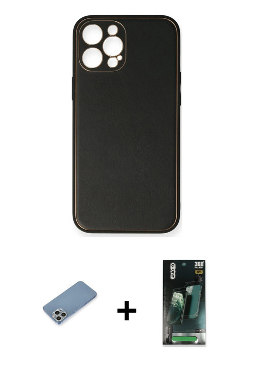 ieg™ iPhone 12 Pro Kılıf Yadigar Klasik - Siyah 360 Mat Full Body Arka Koruyucu + Gümüş Shine Kamera