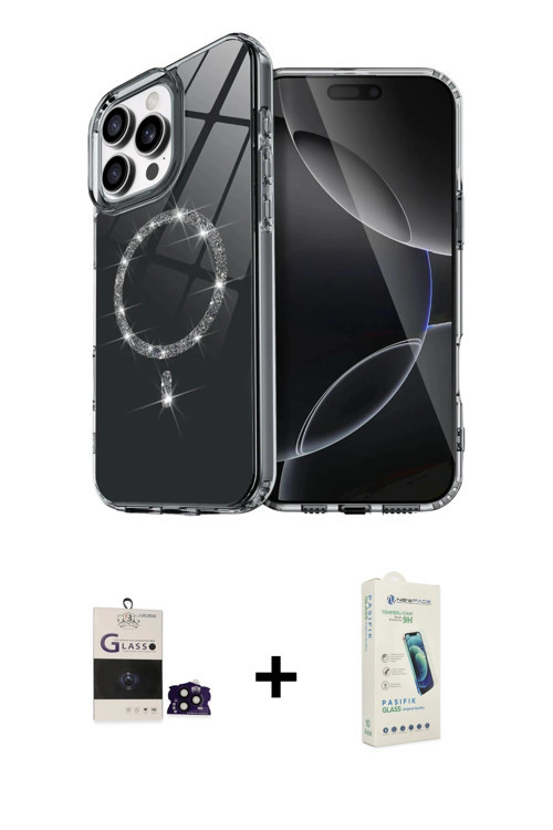 ieg™ iPhone 14 Pro Max Kılıf Kıvılcım Form Prime - Şeffaf Pasifik Cam Ekran Koruyucu + Siyah Bilvis