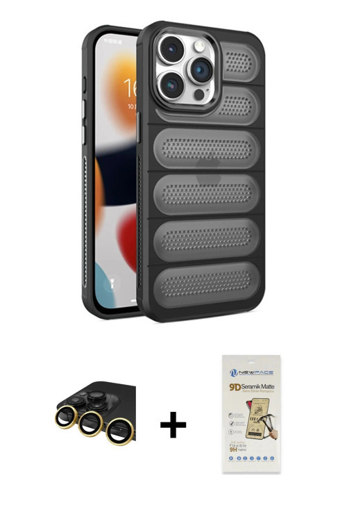 ieg™ iPhone 14 Pro Max Kılıf Yadigar Doku Özel Seri - Siyah Mat Seramik Nano Ekran Koruyucu + Gold R
