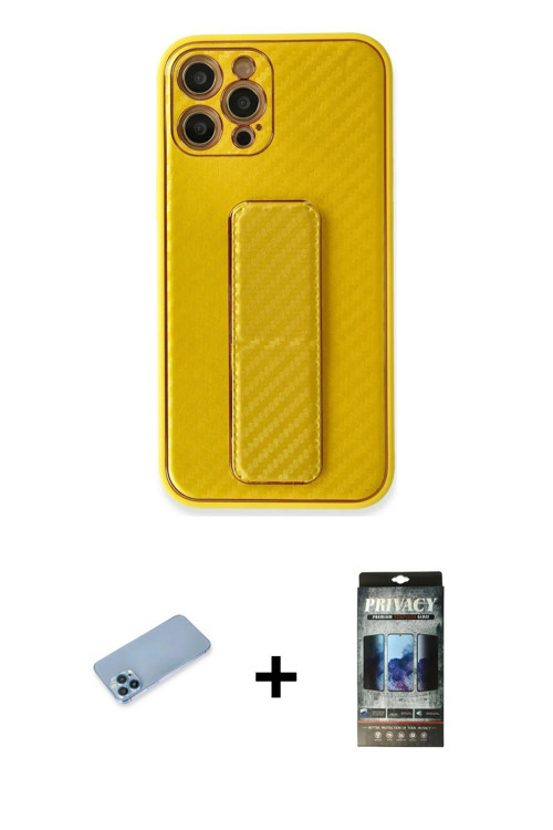 ieg™ iPhone 12 Pro Kılıf Yörünge Yansıma - Siyah 34D Hayalet Izgaralı Cam + Mavi Shine Kamera Lens K