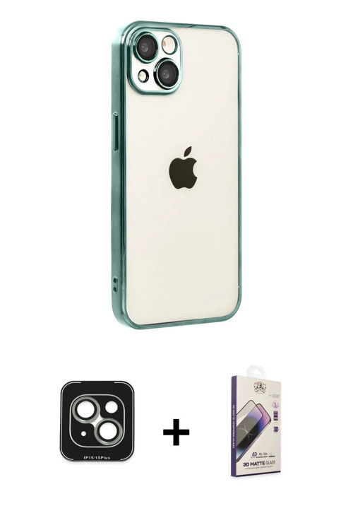 ieg™ iPhone 15 Kılıf Vadi Minimal - Siyah Bilvis 3D Mat Cam Ekran Koruyucu + Yeşil PVD Metal Kamera