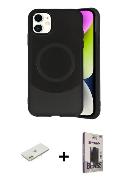 ieg™ iPhone 11 Kılıf Ufuk Serisi - Siyah Bilvis Hayalet Cam Ekran Koruyucu + Turuncu Renkli Kamera L